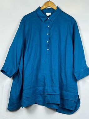 J Jill Love Linen Women 3/4 Sleeve Tunic Button Up Shirt XL Breathable Coastal